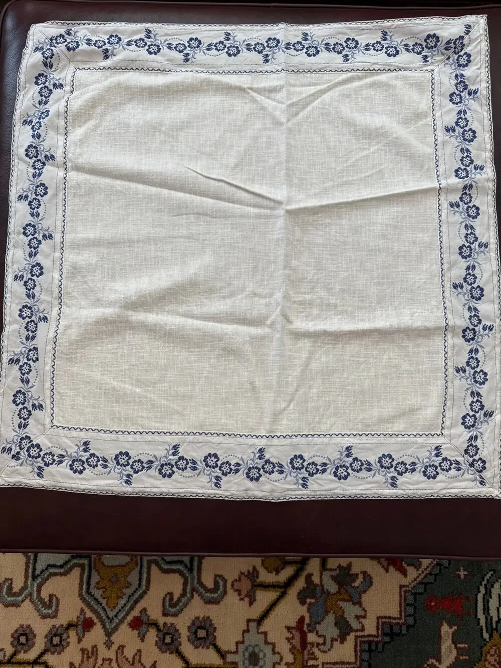 Vintage White Linen Square Table Topper Blue Floral Embroidered Trim